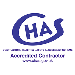 chas logo in blue with accreditation text under it