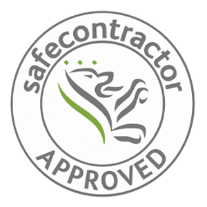 safe contracter logo in grey with the icon in the center and approved under it